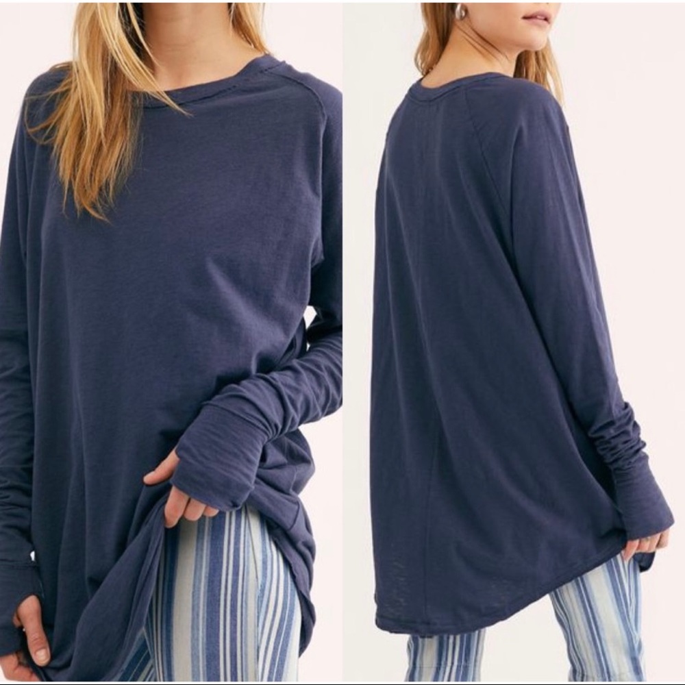 Free People We The Free Arden Long Sleeve T-Shirt in Navy with Thumb Holes